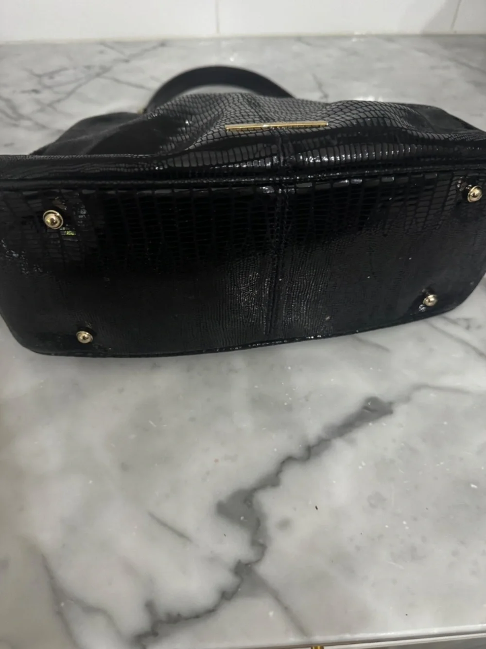 Brahmin Black Embossed Leather Frame Satchel Shoulder Bag Gold Hardware